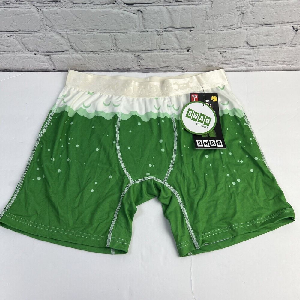 SWAG Men's L 34-36 Boxer Brief Shorts‎ Green Lucky Brew Beer Boxers Novelty New